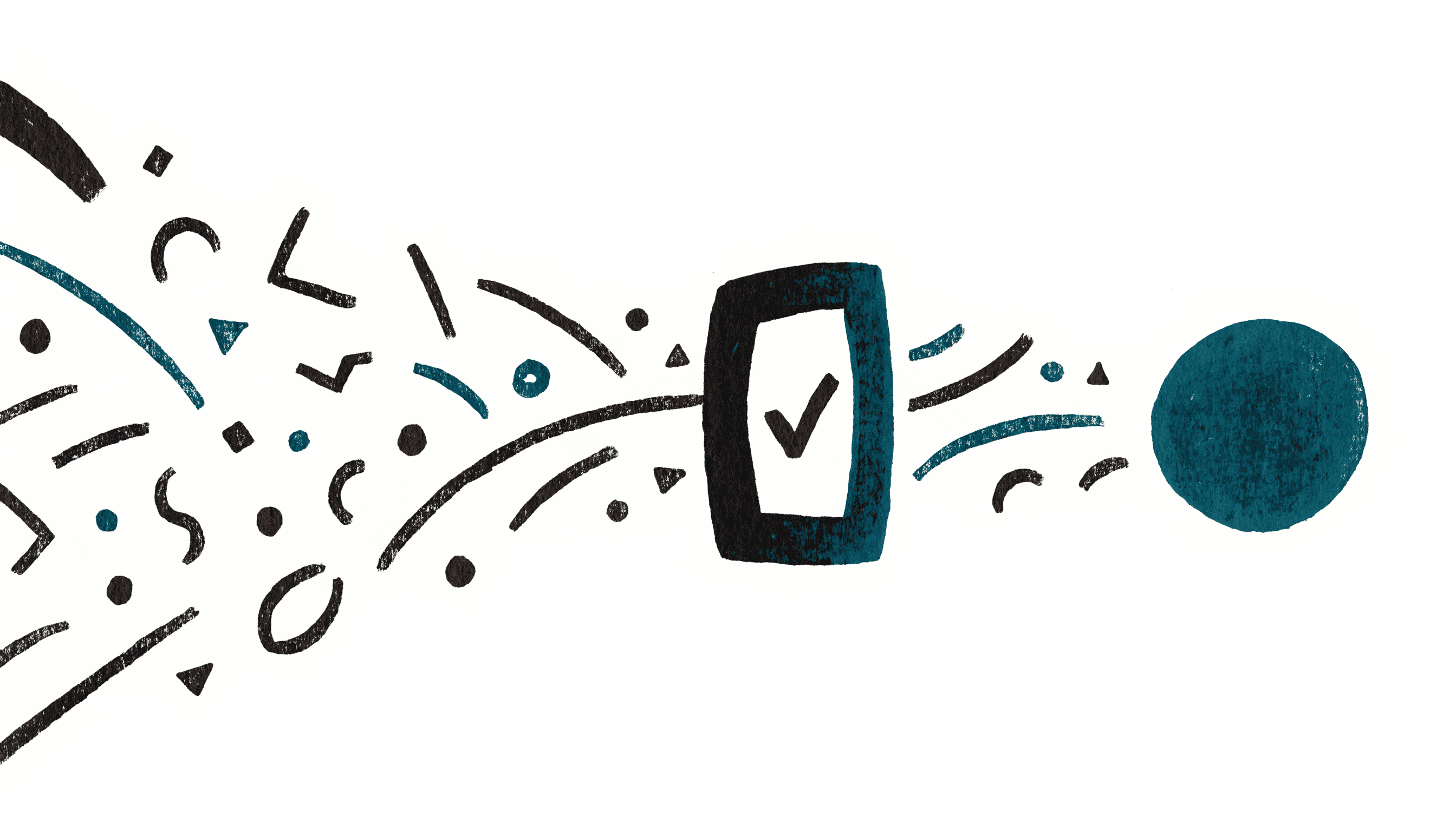 Editorial illustration: work flows through a checkpoint before it ships